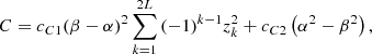 Mathematical equation: $$ C={c}_{C1}(\beta -\alpha {)}^2\sum_{k=1}^{2L} {\left(-1\right)}^{k-1}{z}_k^2+{c}_{C2}\left({\alpha }^2-{\beta }^2\right), $$