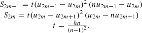 Mathematical equation: $$ \begin{array}{c}{S}_{2m-1}=t{\left({u}_{2m-1}-{u}_{2m}\right)}^2\left(n{u}_{2m-1}-{u}_{2m}\right)\\ {S}_{2m}=t{\left({u}_{2m}-{u}_{2m+1}\right)}^2\left({u}_{2m}-n{u}_{2m+1}\right)\\ t=\frac{{hn}}{{\left(n-1\right)}^2}.\end{array} $$