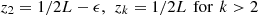Mathematical equation: $ {z}_2=1/2L-\epsilon,\enspace {z}_k=1/2{L}\enspace \mathrm{for}\enspace k>2$