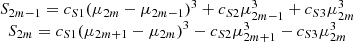 Mathematical equation: $$ \begin{array}{c}{S}_{2m-1}={c}_{S1}{\left({\mu }_{2m}-{\mu }_{2m-1}\right)}^3+{c}_{S2}{\mu }_{2m-1}^3+{c}_{S3}{\mu }_{2m}^3\\ {S}_{2m}={c}_{S1}{\left({\mu }_{2m+1}-{\mu }_{2m}\right)}^3-{c}_{S2}{\mu }_{2m+1}^3-{c}_{S3}{\mu }_{2m}^3\end{array} $$