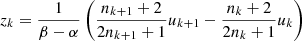 Mathematical equation: $$ {z}_k=\frac{1}{\beta -\alpha }\left(\frac{{n}_{k+1}+2}{2{n}_{k+1}+1}{u}_{k+1}-\frac{{n}_k+2}{2{n}_k+1}{u}_k\right) $$