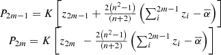 Mathematical equation: $$ \begin{array}{c}{P}_{2m-1}=K\left[{z}_{2m-1}+\frac{2\left({n}^2-1\right)}{\left(n+2\right)}\left(\sum_i^{2m-1} {z}_i-\overline{\alpha }\right)\right]\\ {P}_{2m}=K\left[{z}_{2m}\enspace -\frac{2\left({n}^2-1\right)}{\left(n+2\right)}\left(\sum_i^{2m-1} {z}_i-\overline{\alpha }\right)\right]\end{array} $$