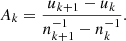 Mathematical equation: $$ {A}_k=\frac{{u}_{k+1}-{u}_k}{{n}_{k+1}^{-1}-{n}_k^{-1}}. $$