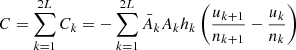 Mathematical equation: $$ C=\sum_{k=1}^{2L} {C}_k=-\sum_{k=1}^{2L} {\bar{A}}_k{A}_k{h}_k\left(\frac{{u}_{k+1}}{{n}_{k+1}}-\frac{{u}_k}{{n}_k}\right) $$