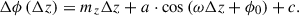 Mathematical equation: $$ \Delta \phi \left(\Delta z\right)={m}_z\Delta z+a\cdot \mathrm{cos}\left(\omega \Delta z+{\phi }_0\right)+c. $$