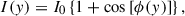 Mathematical equation: $$ I(y)={I}_0\left\{1+\mathrm{cos}\left[\phi (y)\right]\right\}, $$