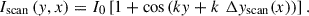 Mathematical equation: $$ {I}_{\mathrm{scan}}\left(y,x\right)={I}_0\left[1+\mathrm{cos}\left({ky}+{k}\enspace \Delta {y}_{\mathrm{scan}}(x)\right)\right]. $$