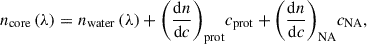 Mathematical equation: $$ {n}_{\mathrm{core}}\left(\lambda \right)={n}_{\mathrm{water}}\left(\lambda \right)+{\left(\frac{\mathrm{d}n}{\mathrm{d}c}\right)}_{\mathrm{prot}}{c}_{\mathrm{prot}}+{\left(\frac{\mathrm{d}n}{\mathrm{d}c}\right)}_{\mathrm{NA}}{c}_{\mathrm{NA}}, $$