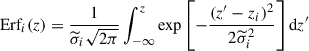 Mathematical equation: $$ \text{Erf}_i(z) = \frac{1}{\widetilde{\sigma}_i \sqrt{2\pi}} \int_{-\infty}^{z} \exp \left[ -\frac{(z' - z_i)^2}{2\widetilde{\sigma}_i^2} \right] \text{d}z' $$