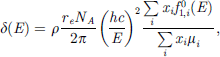 Mathematical equation: $$ \delta(E) = \rho \frac{r_e N_A}{2\pi} \left(\frac{hc}{E}\right)^2 \frac{\sum_{i} x_i f_{1,i}^0(E)}{\sum_{i} x_i \mu_i}, $$